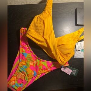 Sea Level Yellow Textured Bikini Top with Wild Fable Neon Floral Bikini Bottom